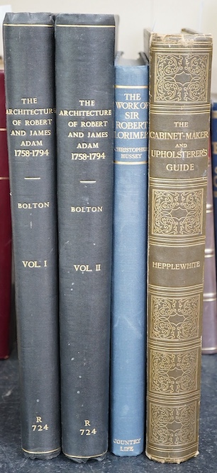 Bolton, Arthur - The Architecture of Robert & James Adam (1758-1794), 2 vols, folio, cloth, library stamps, Country Life. London, 1922; Hussey, Christopher - The Work of Sir Robert Lorimer, 1st edition, folio, cloth, Cou